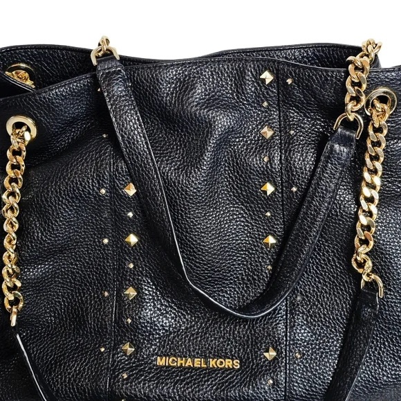 Michael Kors Jet Set Studded Leather Black Handbag Shoulder Tote Travel Bag Chic - Picture 7 of 16